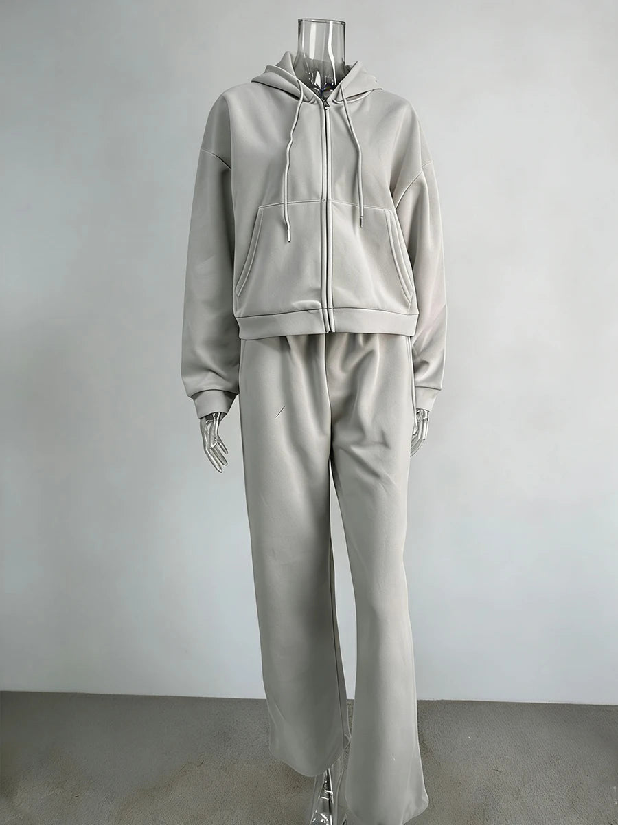 Hirsionsan 2026 Cross border Yellow Hooded Zipper Hoodies Set Casual Cardigan Drawstring Wide Leg Sport Pants Two Pieces Set