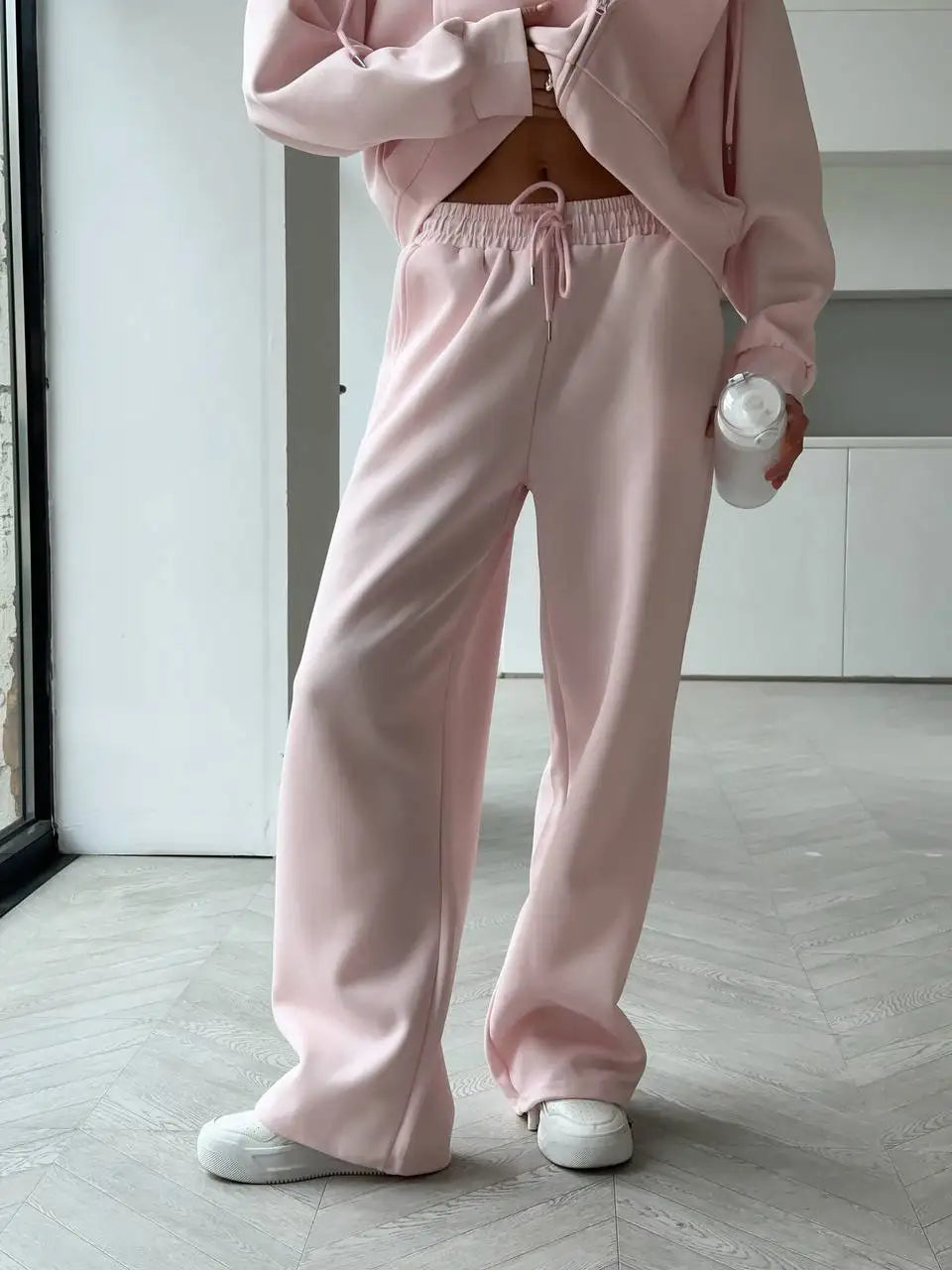 Hirsionsan 2026 Cross border Yellow Hooded Zipper Hoodies Set Casual Cardigan Drawstring Wide Leg Sport Pants Two Pieces Set