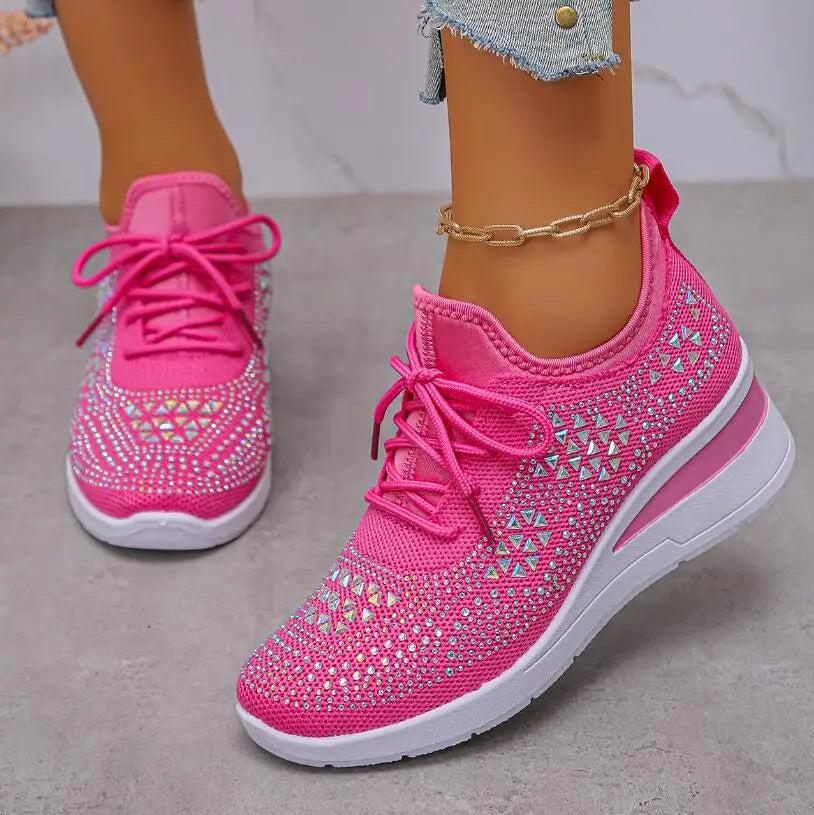 Women's Shiny Rhinestone Wedge Sneakers Breathable Knit Non Slip Walking Shoes Woman Plus Size Fashion Thick Sole White Sneakers