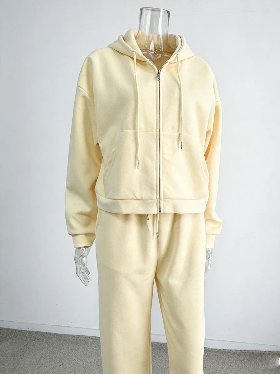 Hirsionsan 2026 Cross border Yellow Hooded Zipper Hoodies Set Casual Cardigan Drawstring Wide Leg Sport Pants Two Pieces Set