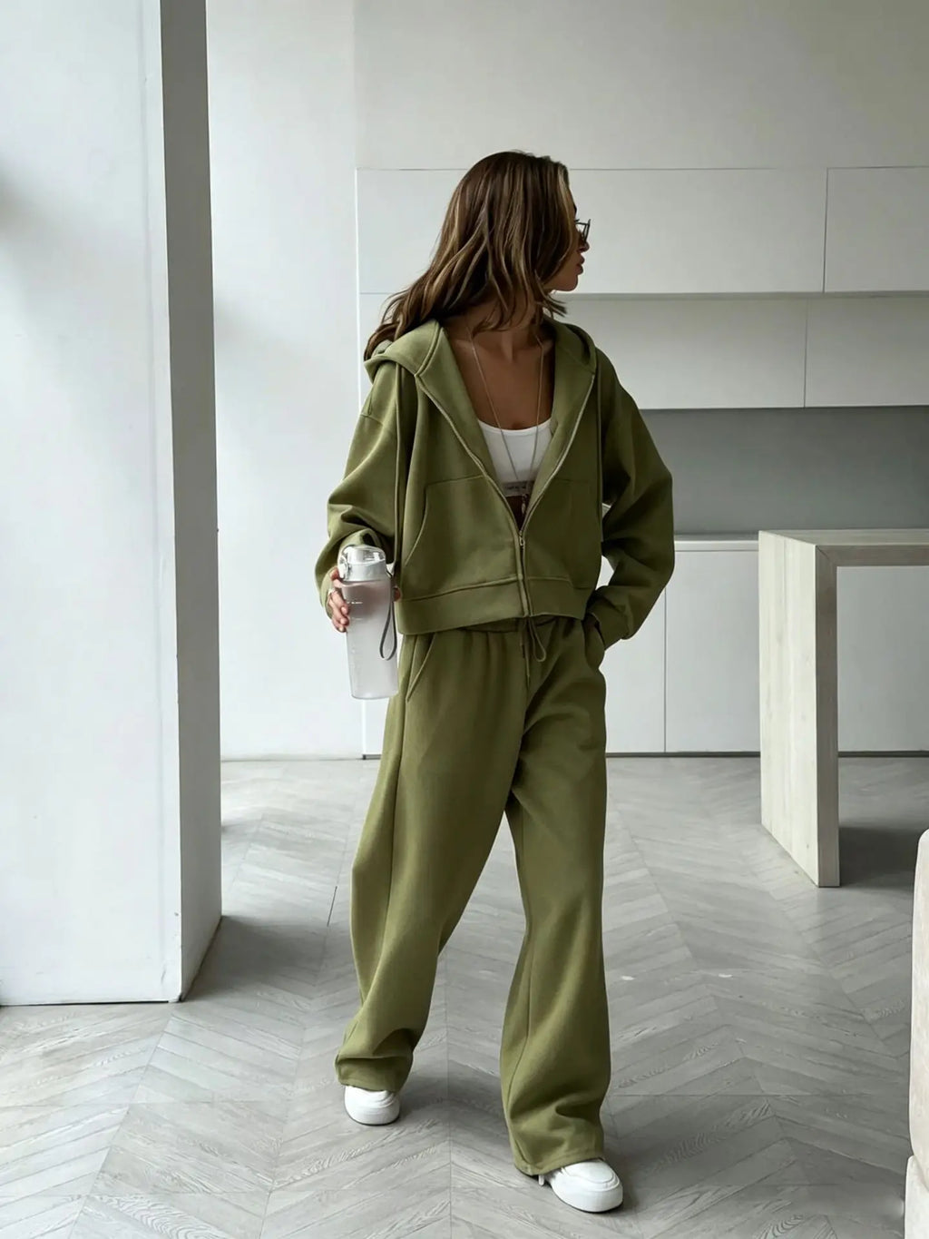 Hirsionsan 2026 Cross border Yellow Hooded Zipper Hoodies Set Casual Cardigan Drawstring Wide Leg Sport Pants Two Pieces Set