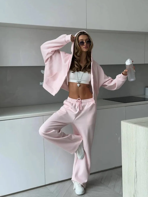 Hirsionsan 2026 Cross border Yellow Hooded Zipper Hoodies Set Casual Cardigan Drawstring Wide Leg Sport Pants Two Pieces Set