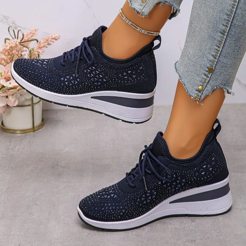 Sneakers Fall New Fashion  Round Toe Rhinestone Mesh Lace-Up Front Platform Non-Slip Wear-Resistant Wedge