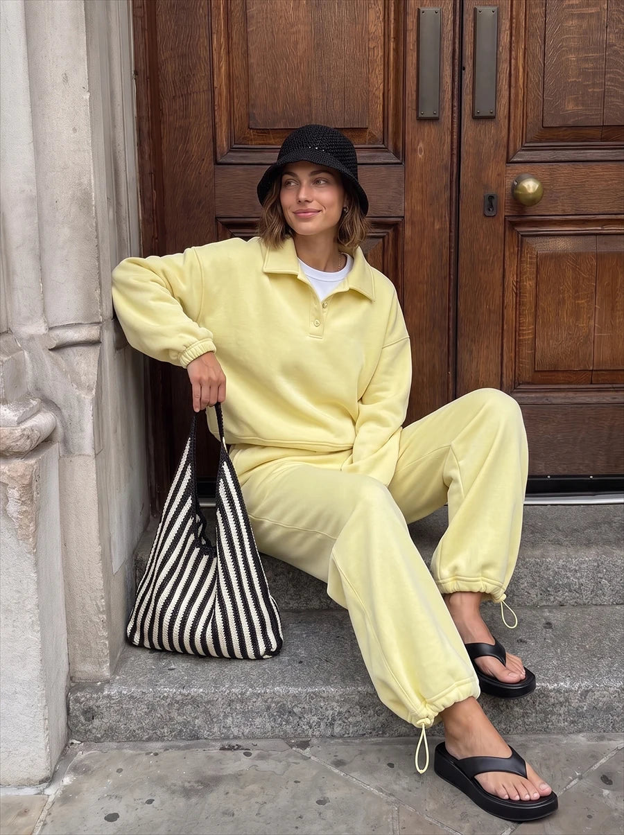 Hirsionsan 2026 Cross border Yellow Hooded Zipper Hoodies Set Casual Cardigan Drawstring Wide Leg Sport Pants Two Pieces Set