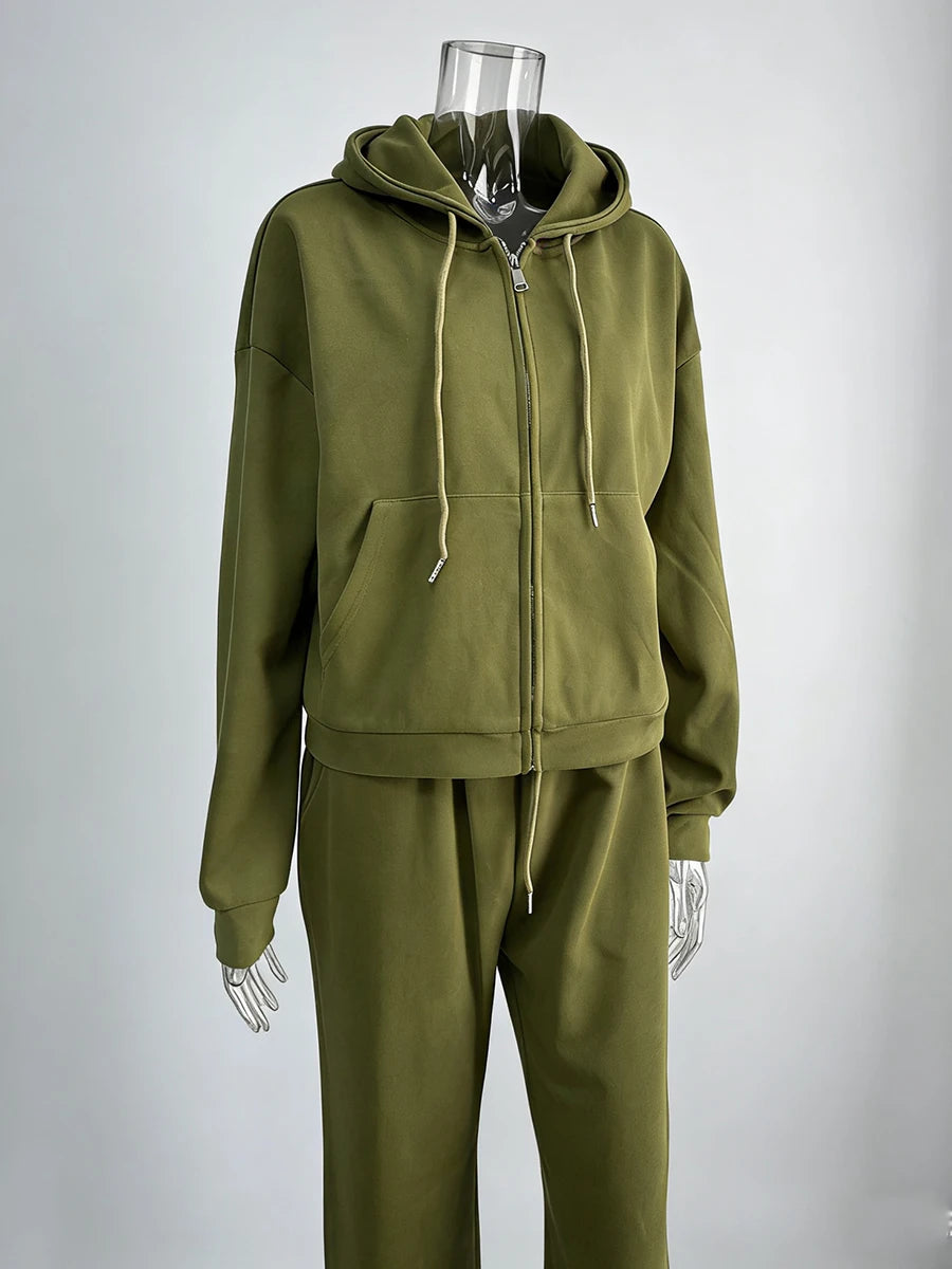 Hirsionsan 2026 Cross border Yellow Hooded Zipper Hoodies Set Casual Cardigan Drawstring Wide Leg Sport Pants Two Pieces Set