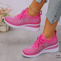 Sneakers Fall New Fashion  Round Toe Rhinestone Mesh Lace-Up Front Platform Non-Slip Wear-Resistant Wedge