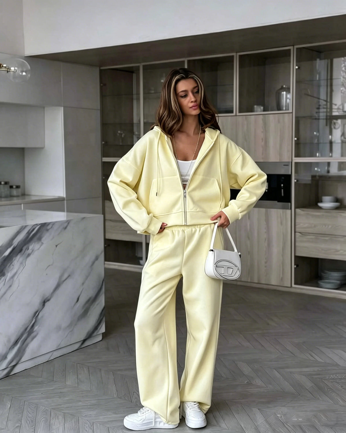 Hirsionsan 2026 Cross border Yellow Hooded Zipper Hoodies Set Casual Cardigan Drawstring Wide Leg Sport Pants Two Pieces Set