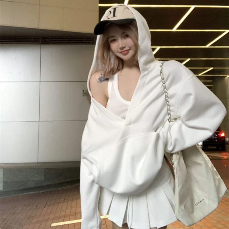 Casual Hooded Pullover Top Women Y2K V-neck Hoodies Solid Harajuku Long Sleeve Hoodie Oversized Tops Female Loose Clothing