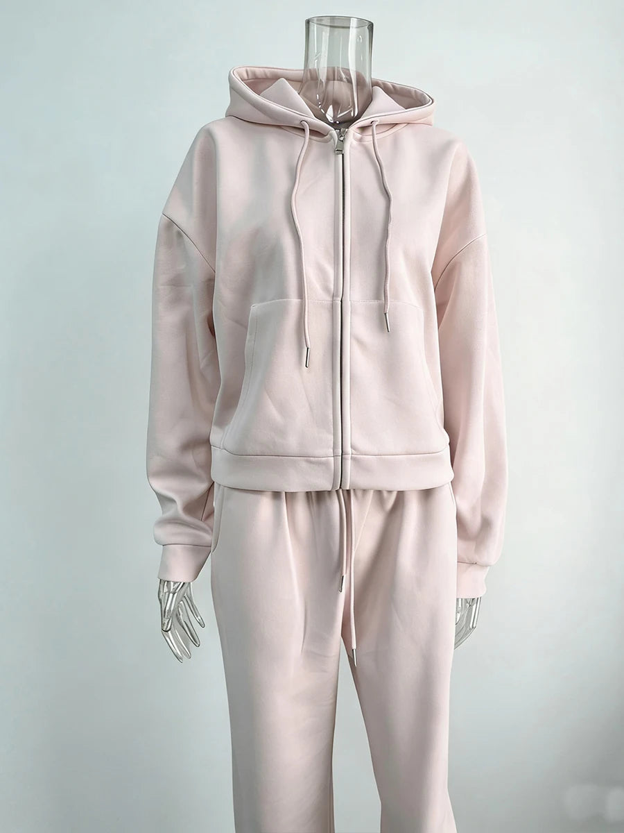 Hirsionsan 2026 Cross border Yellow Hooded Zipper Hoodies Set Casual Cardigan Drawstring Wide Leg Sport Pants Two Pieces Set