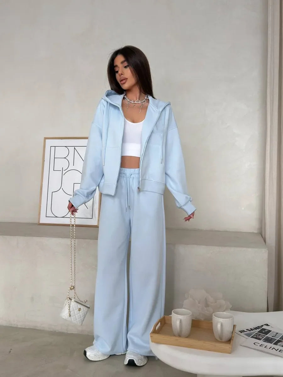 Hirsionsan 2026 Cross border Yellow Hooded Zipper Hoodies Set Casual Cardigan Drawstring Wide Leg Sport Pants Two Pieces Set