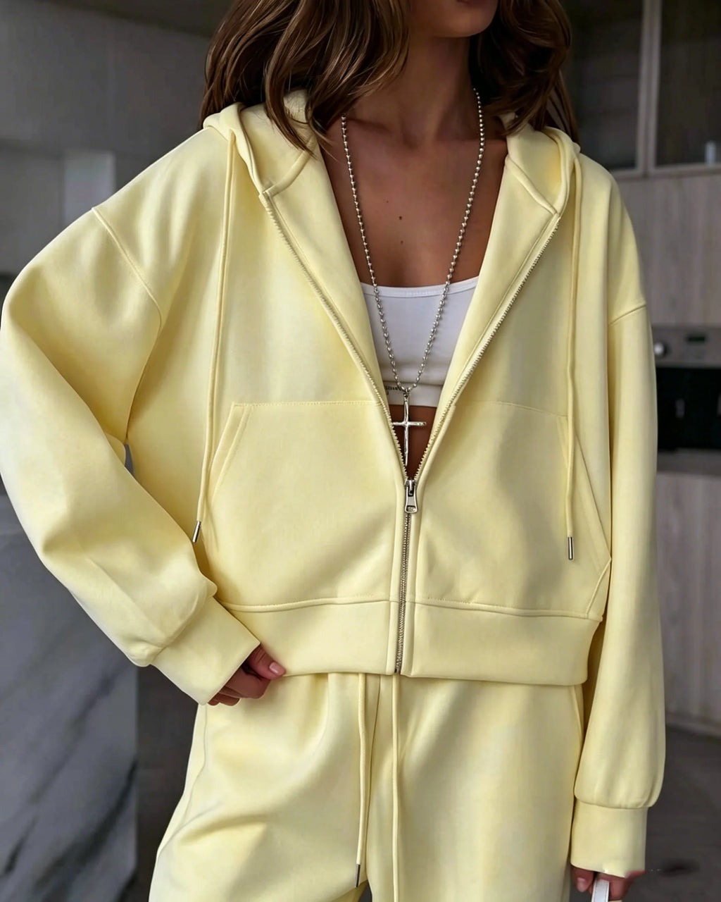 Hirsionsan 2026 Cross border Yellow Hooded Zipper Hoodies Set Casual Cardigan Drawstring Wide Leg Sport Pants Two Pieces Set