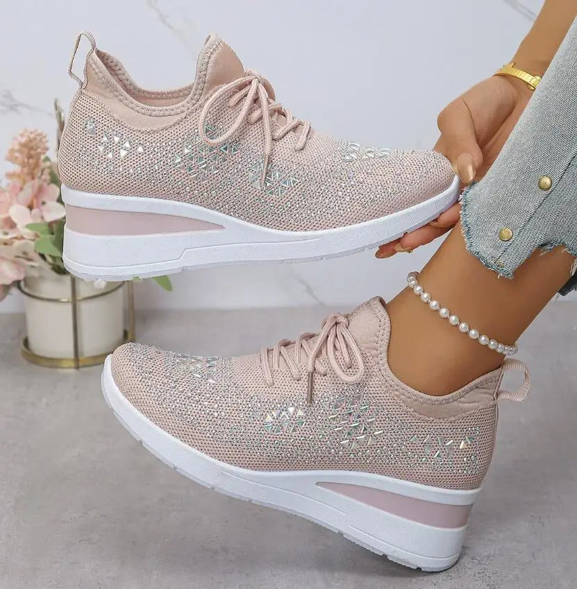 Women's Shiny Rhinestone Wedge Sneakers Breathable Knit Non Slip Walking Shoes Woman Plus Size Fashion Thick Sole White Sneakers