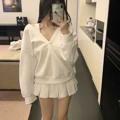 Casual Hooded Pullover Top Women Y2K V-neck Hoodies Solid Harajuku Long Sleeve Hoodie Oversized Tops Female Loose Clothing