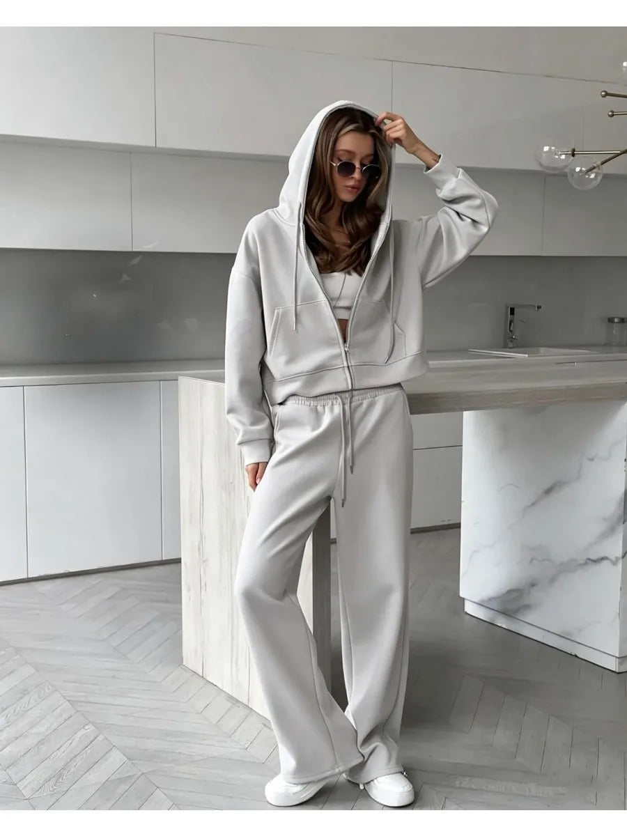Hirsionsan 2026 Cross border Yellow Hooded Zipper Hoodies Set Casual Cardigan Drawstring Wide Leg Sport Pants Two Pieces Set