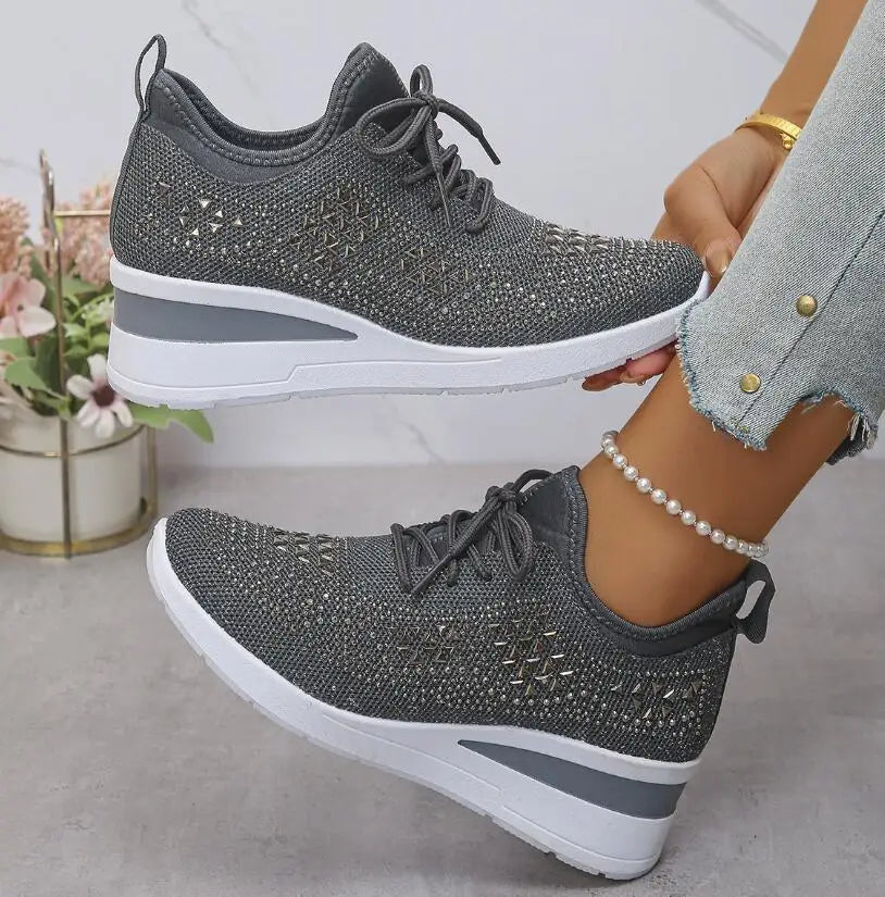 Women's Shiny Rhinestone Wedge Sneakers Breathable Knit Non Slip Walking Shoes Woman Plus Size Fashion Thick Sole White Sneakers
