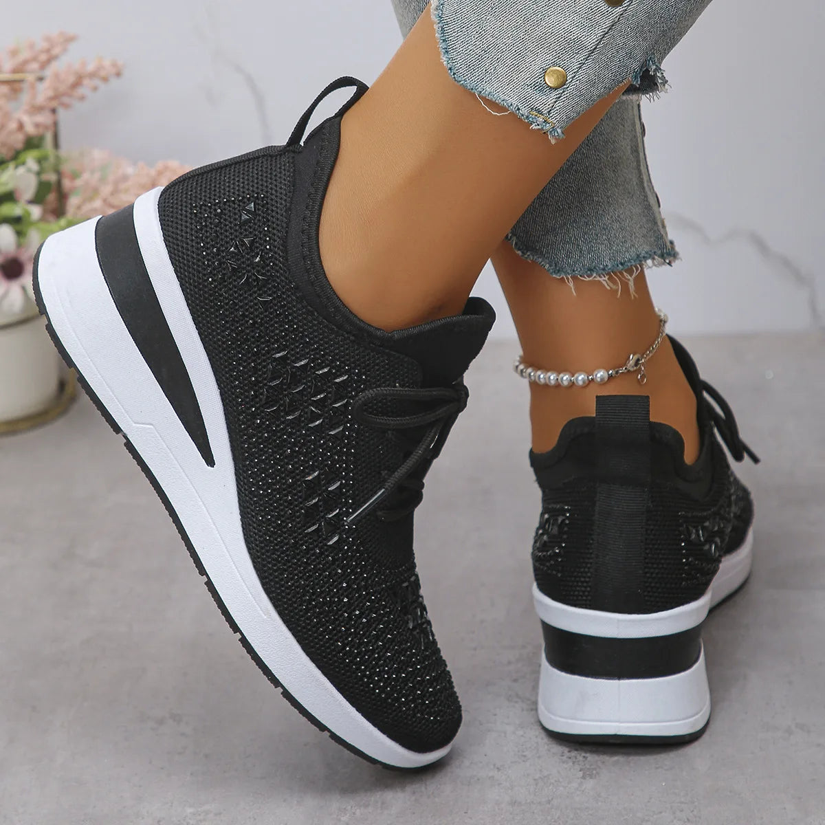 Women's Shiny Rhinestone Wedge Sneakers Breathable Knit Non Slip Walking Shoes Woman Plus Size Fashion Thick Sole White Sneakers