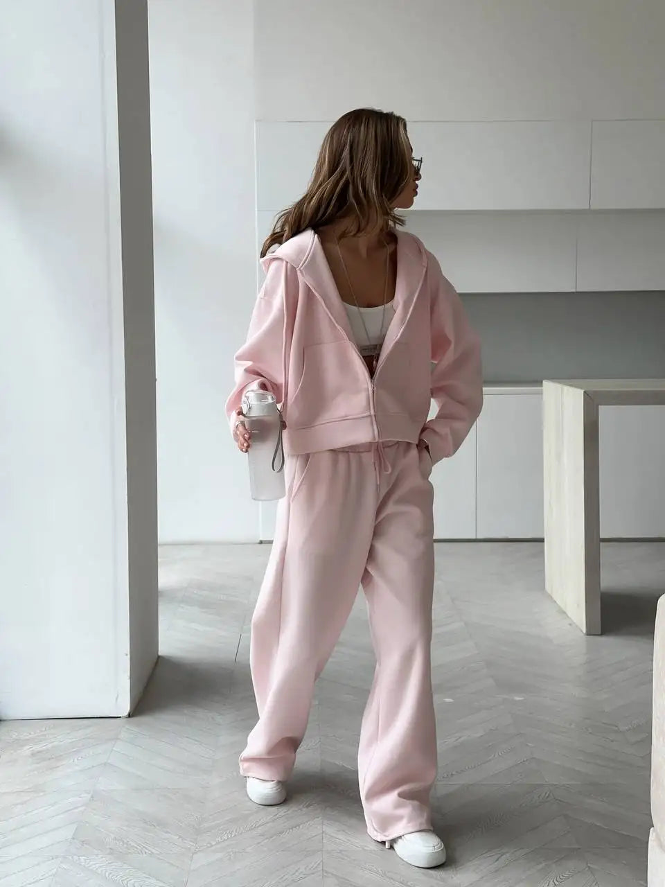 Hirsionsan 2026 Cross border Yellow Hooded Zipper Hoodies Set Casual Cardigan Drawstring Wide Leg Sport Pants Two Pieces Set