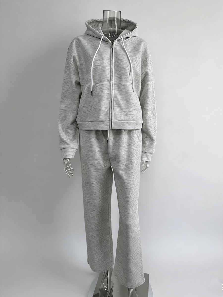 Hirsionsan 2026 Cross border Yellow Hooded Zipper Hoodies Set Casual Cardigan Drawstring Wide Leg Sport Pants Two Pieces Set