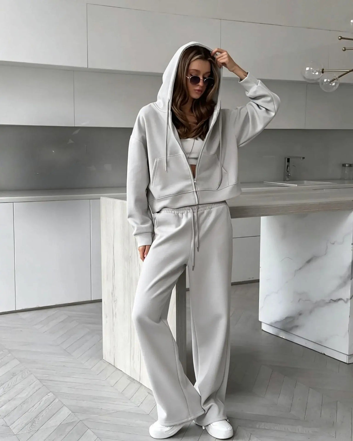 Hirsionsan 2026 Cross border Yellow Hooded Zipper Hoodies Set Casual Cardigan Drawstring Wide Leg Sport Pants Two Pieces Set